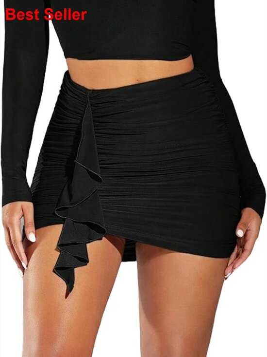 Dresses & Skirts - Ruched Bodycon Double Layer Mini Skirt, Polyester Spandex, Club Casual
